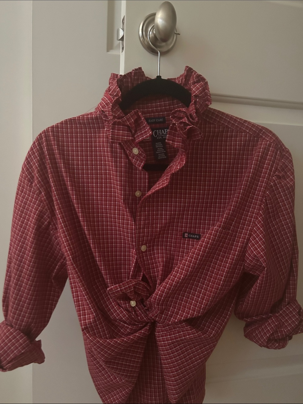Chaps Red Check Button-Down Shirt recreated with ruffled collar for a woman.